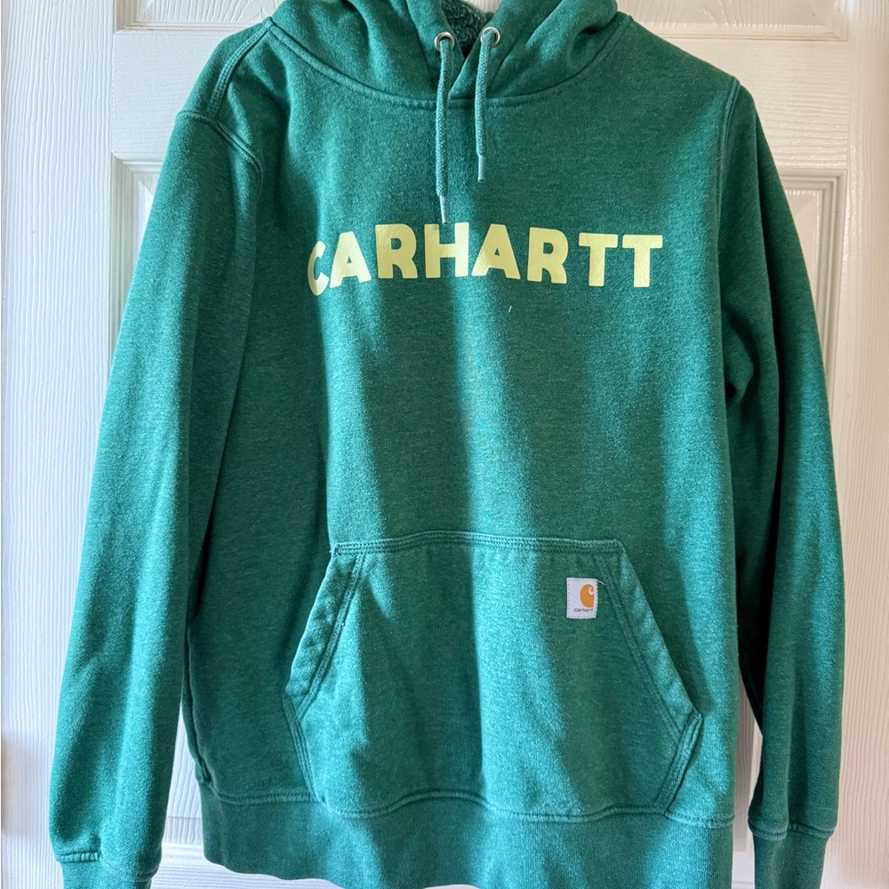Carhartt Men's Green Hoodie with Yellow Logo